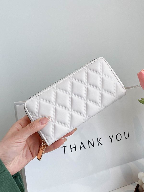 Foreign Trade New Women's Wallet PU Lingge Indentation Long Zipper Clutch Solid Color Casual Change Mobile Phone Bag