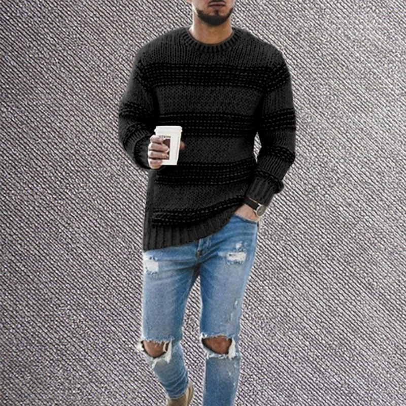 2024 New Cross-border Ebay Amazon Sweater Men's Autumn and Winter Fashion Round Neck Knitted Top Striped Casual Sweater