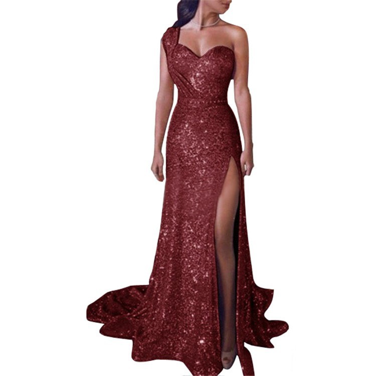 Summer Neck dress Long Banquet Elegant Sexy High-end One-shoulder Bronzing Long Evening Dress