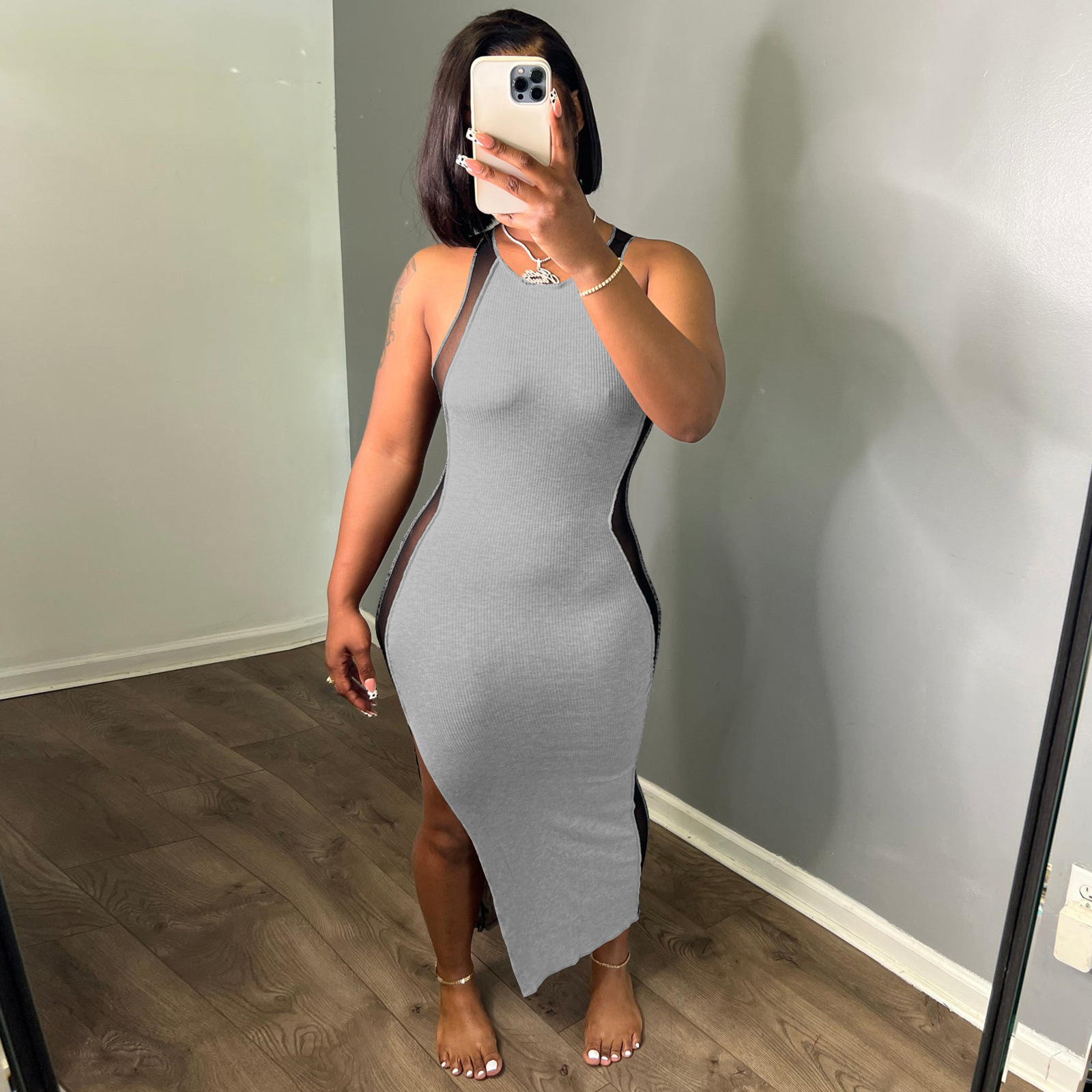 10130 European and American Women Fashion Casual Solid Color Sexy Split Dress