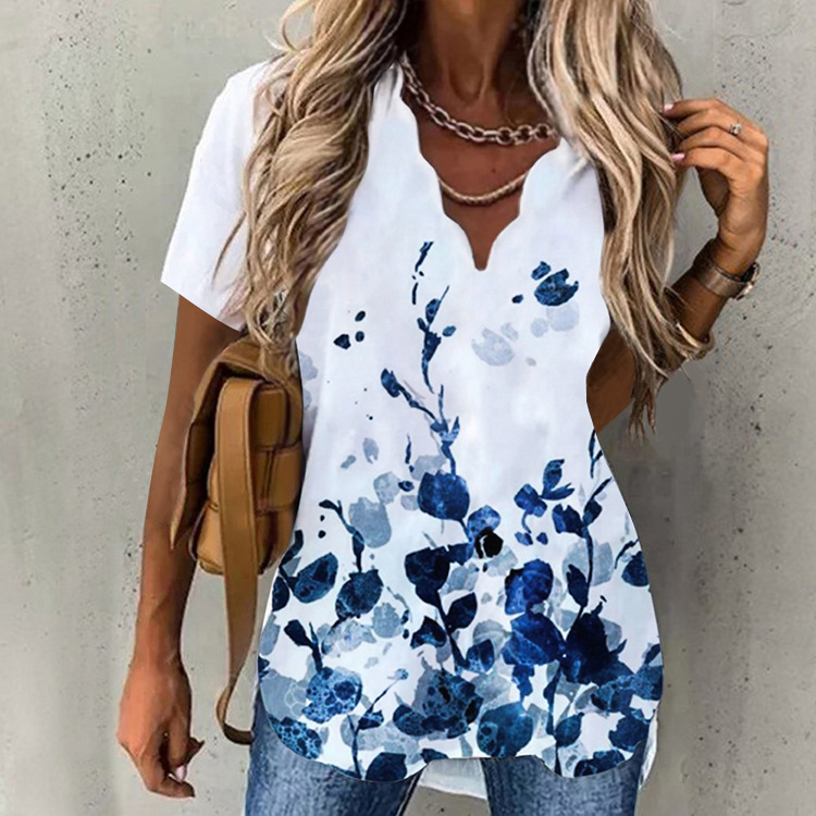 2024 Amazon cross-border European and American autumn new women's short-sleeved loose printed wave collar printed women's T-shirt