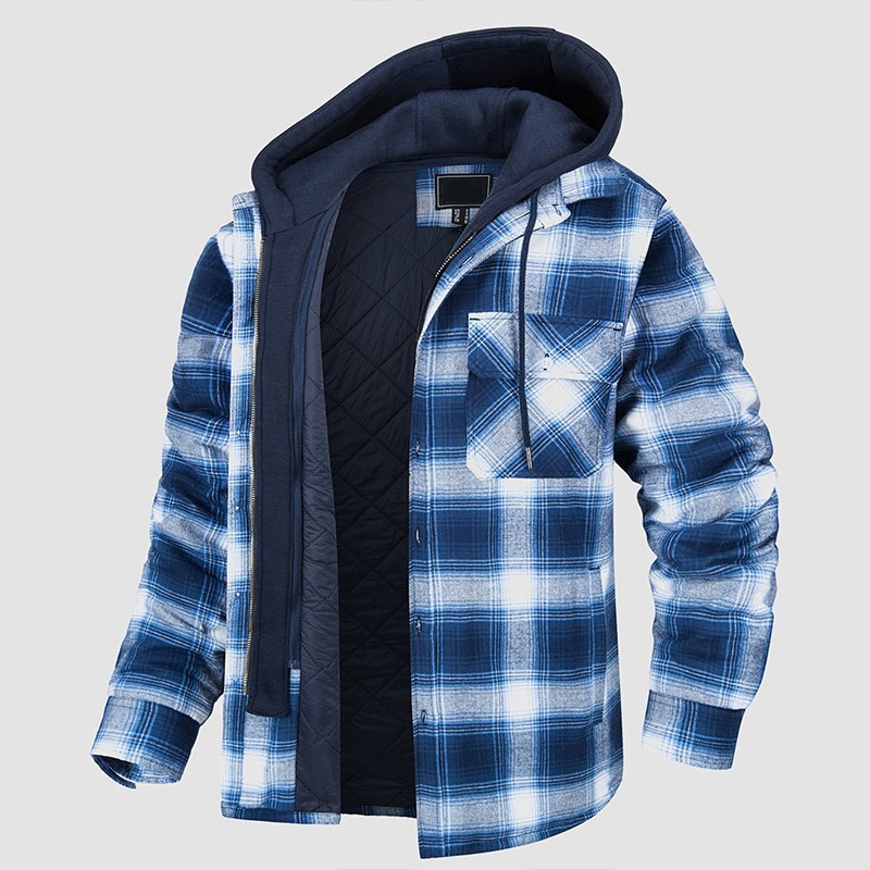 2000 + in stock cross-border men's clothing European and American autumn and winter thickened cotton-padded coat Plaid long sleeve loose hooded jacket jacket