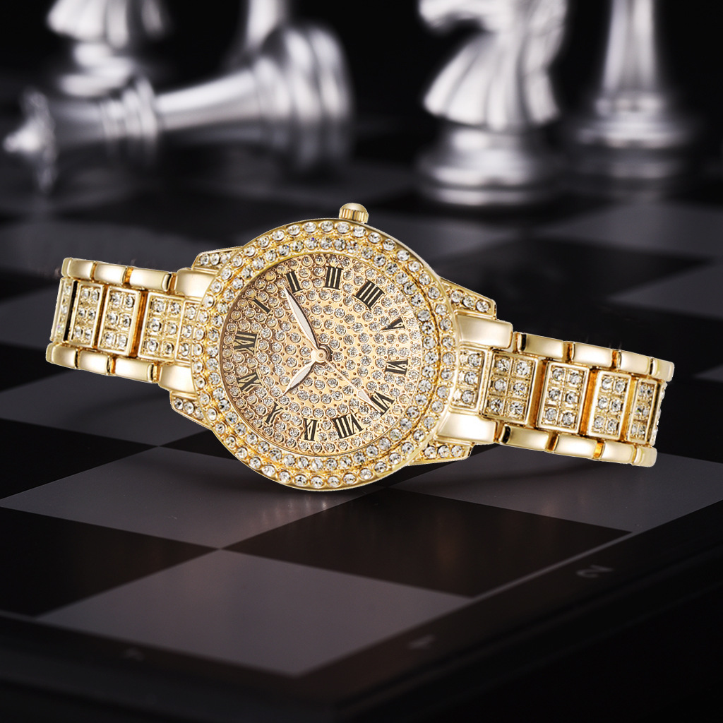 Full Diamond Roman Literal Steel Band Watch Gympani Elegant Business Quartz Watch Hip Hop Full Diamond Bracelet Set