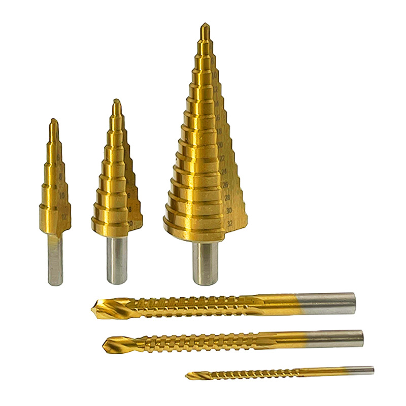 Titanium-plated step drill set with triangular shank drill bit 6PCs pagoda drill woodworking pull groove serrated drill set 4241 high speed steel