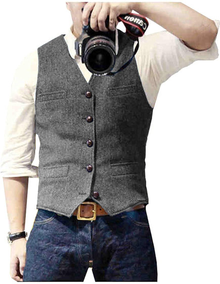 Cross-border Preferred Men's Vest Herringbone Wedding Dress Vest Light Business Casual British Style Vest Vest