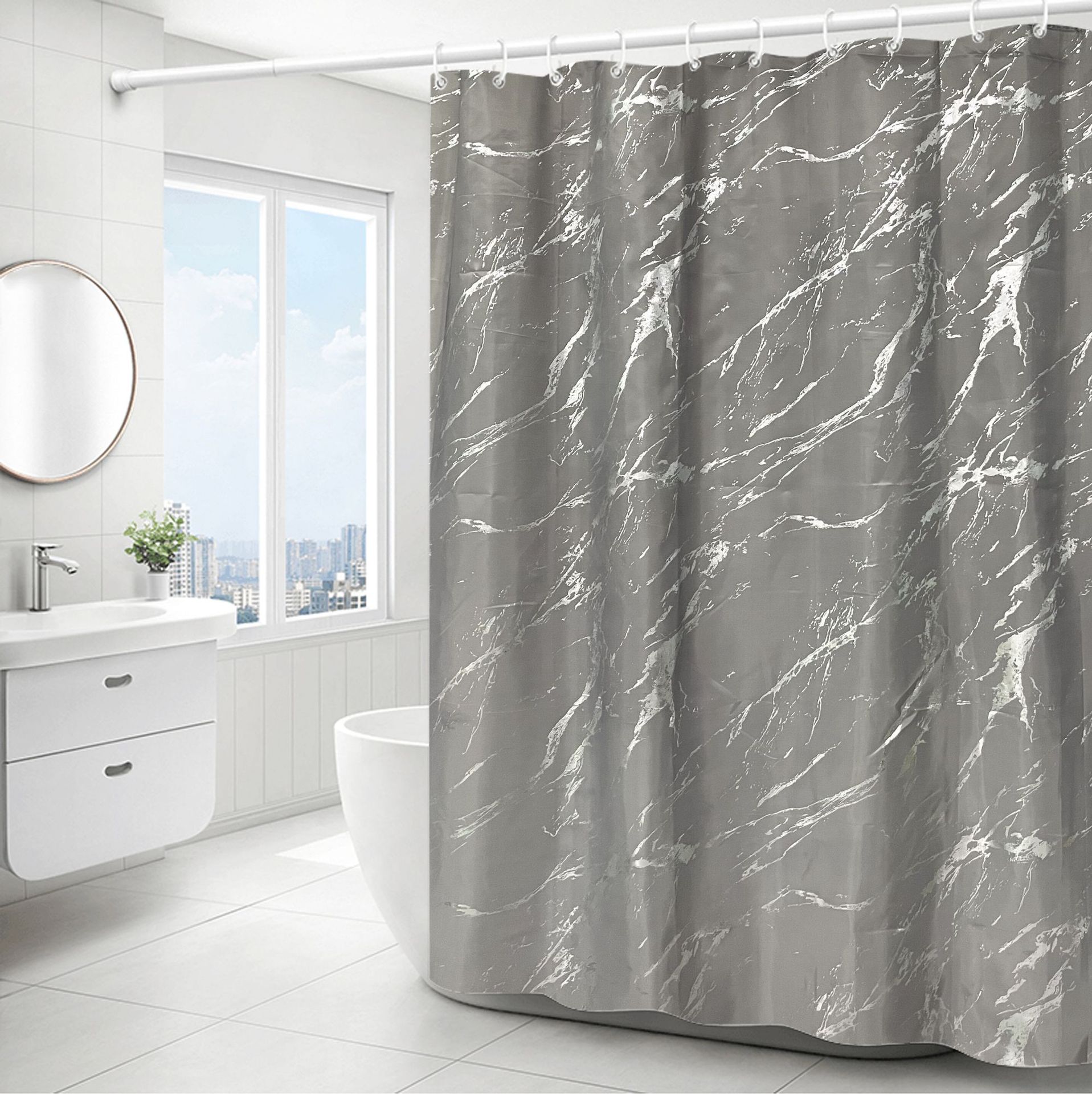 Cross-border Wholesale Simple Light Luxury Hot Stamping Silver Bronzing Marble Pattern Toilet Bathroom Waterproof Shower Curtain Shower Account Partition