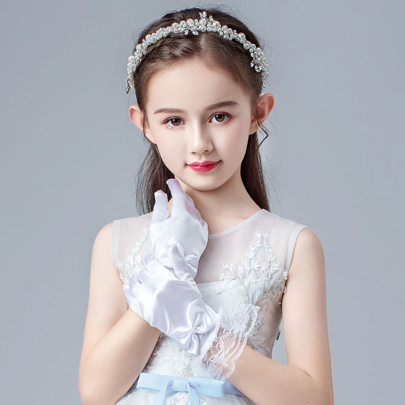 Girls' Gloves Lace Bow Satin Stretch Children's Flower Girl Dress Performance Dance Etiquette Foreign Trade Cross-Border