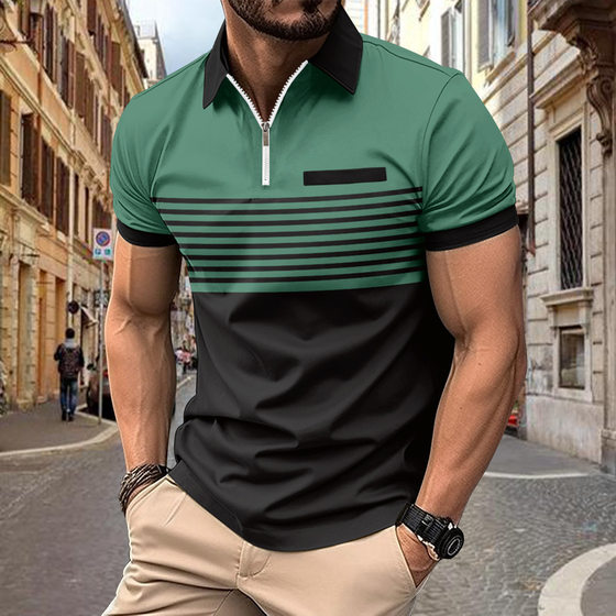 Cross-border Trade 2025 Spring Men's Printed Casual Popular Polyester Short-sleeved Striped Zipper Polo Shirt T-shirt for Men