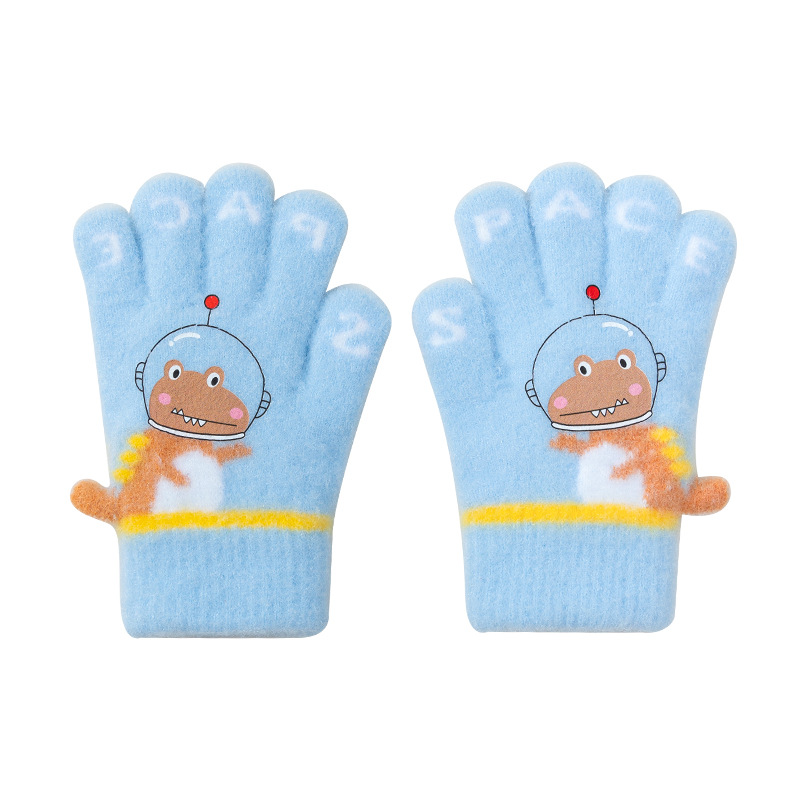Boys Autumn and Winter Cartoon Cute Dinosaur Kindergarten Baby Knitted Warm Cold-proof Five-finger Wool Children's Gloves