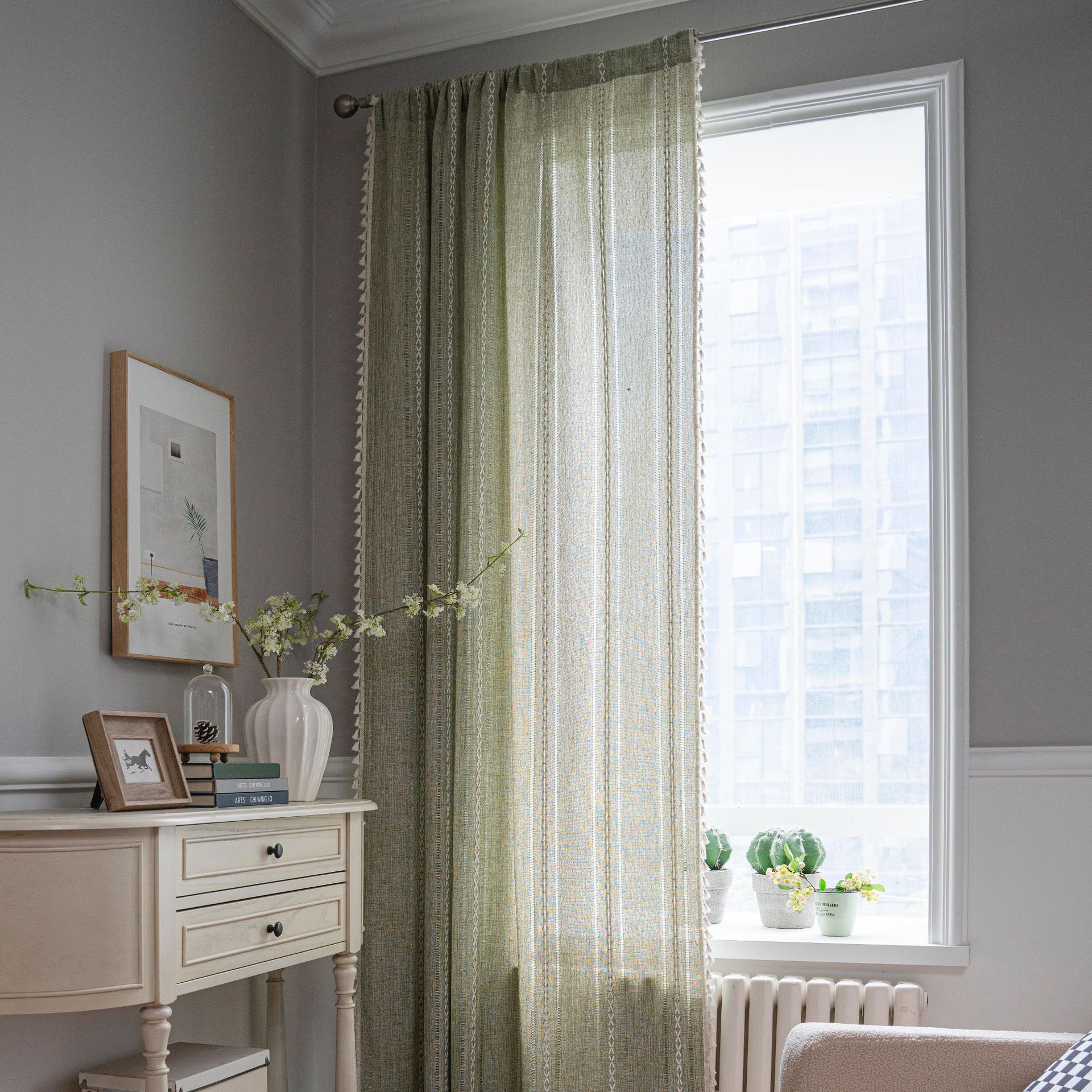 Cloth Dad Cross-border Amazon Curtain Finished Striped Embroidered Green Bedroom Curtain Country Style Semi-shading Bay Window