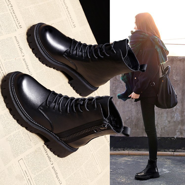 British Midi Boots Martin Boots 2021 Black Handsome Short Boots PU Front Lace-Up Round Toe Low Heel Thick Single Boots