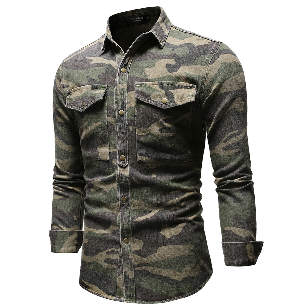 Foreign trade AliExpress wish men's army green camouflage Denim shirt outdoor mountaineering Denim top 3311