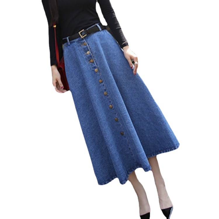 2023 Spring and Summer New Korean Style Loose Single-breasted Slim-fit High Waist Skirt Large Swing Umbrella Skirt Denim Long Skirt