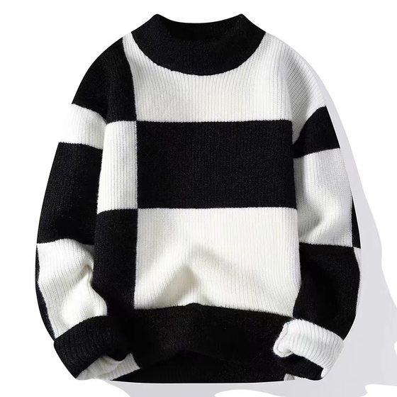 Autumn and Winter half turtleneck knitted bottoming shirt men's fashion brand contrast color sweater youth casual all-matching trendy top