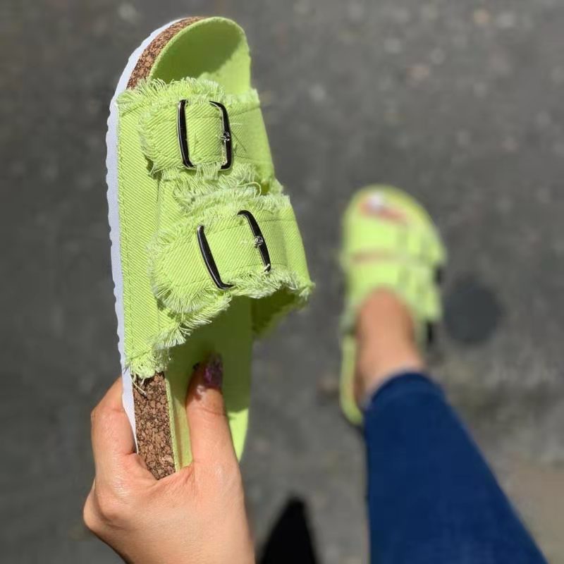 Cross-border Large Size 2021 Summer Unique New European and American Casual Denim Solid Color Canvas Buckle Two-character Flat Slippers with Buckle