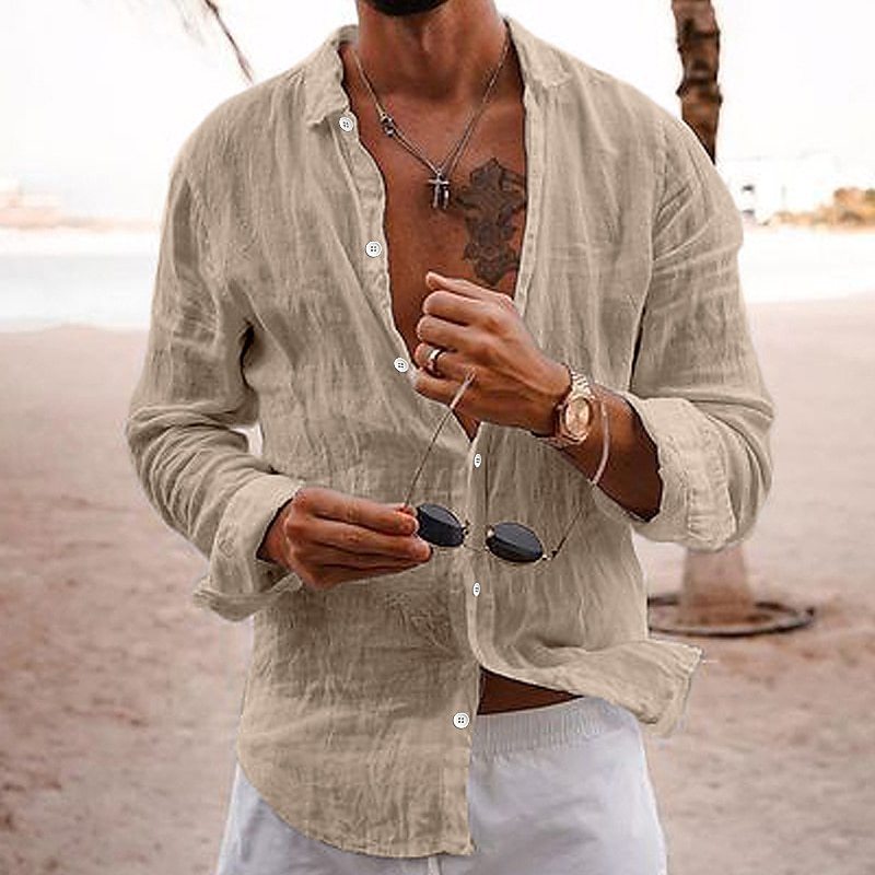 Cross-border Foreign Trade Supply Shirt Men's 2024 New Solid Color Loose Single-breasted Lapel Cotton Linen Long-sleeved Shirt