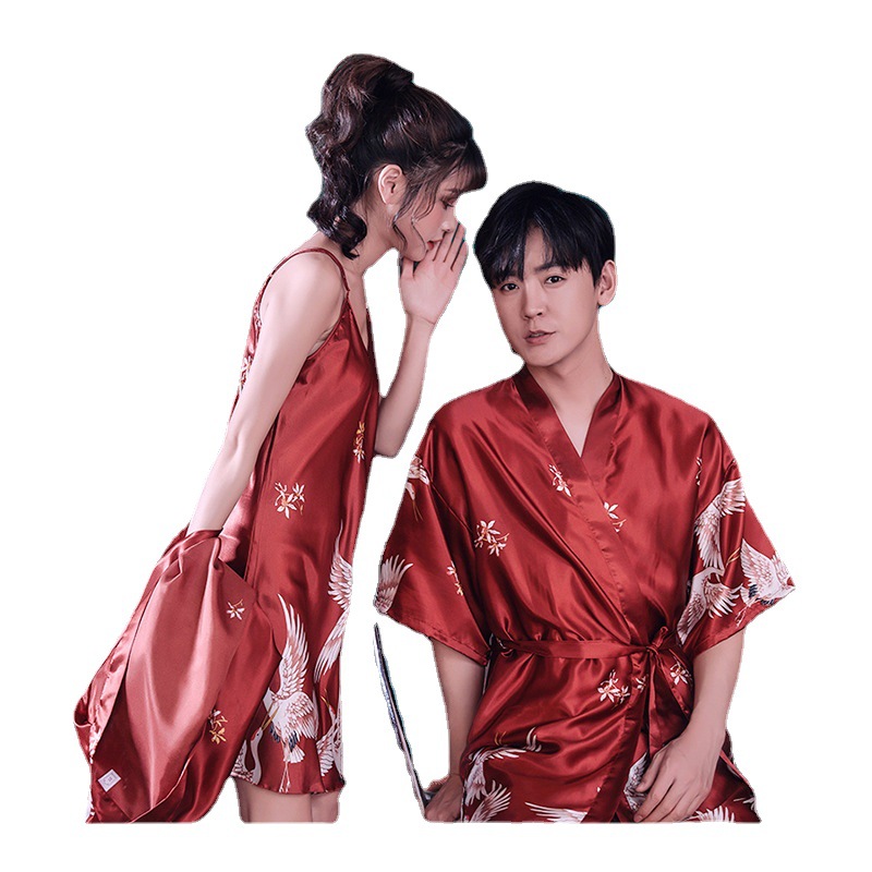2020 New Women's Pajamas Spring and Autumn Silk Printing Pajamas Set Crane Sexy Morning Gown