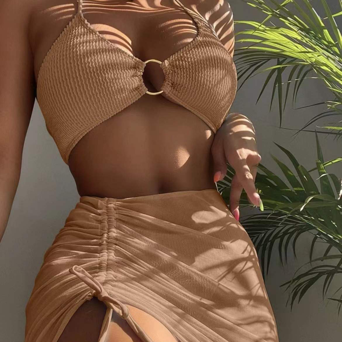 Chanmo Clothing Cross-border European and American Style Split Swimsuit Women's Slim-fit Solid Color Sexy Swimsuit Neck Three-piece Bikini