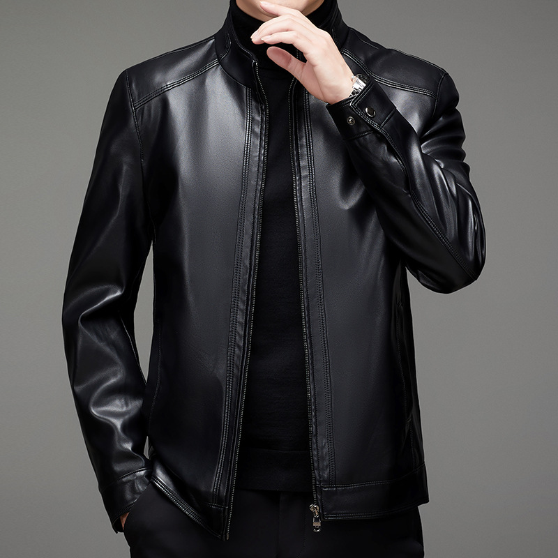 Haining Leather Men's Middle-aged Slim-fit Short Leather Jacket Men's Business Casual Fleece Plus Size Leather Leather Jacket