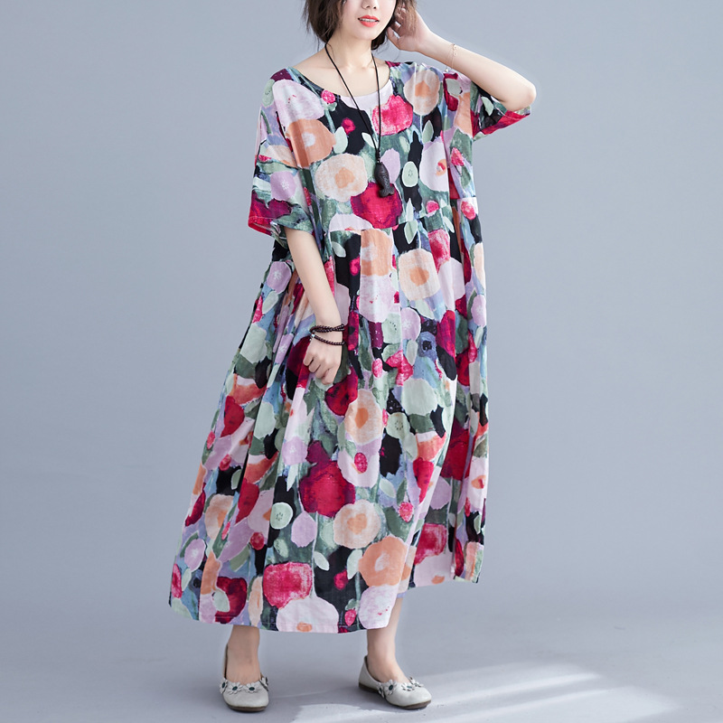 Actual shot of  new summer style literary and artistic large size fat MM loose slimming printed stitching large swing breathable dress for women