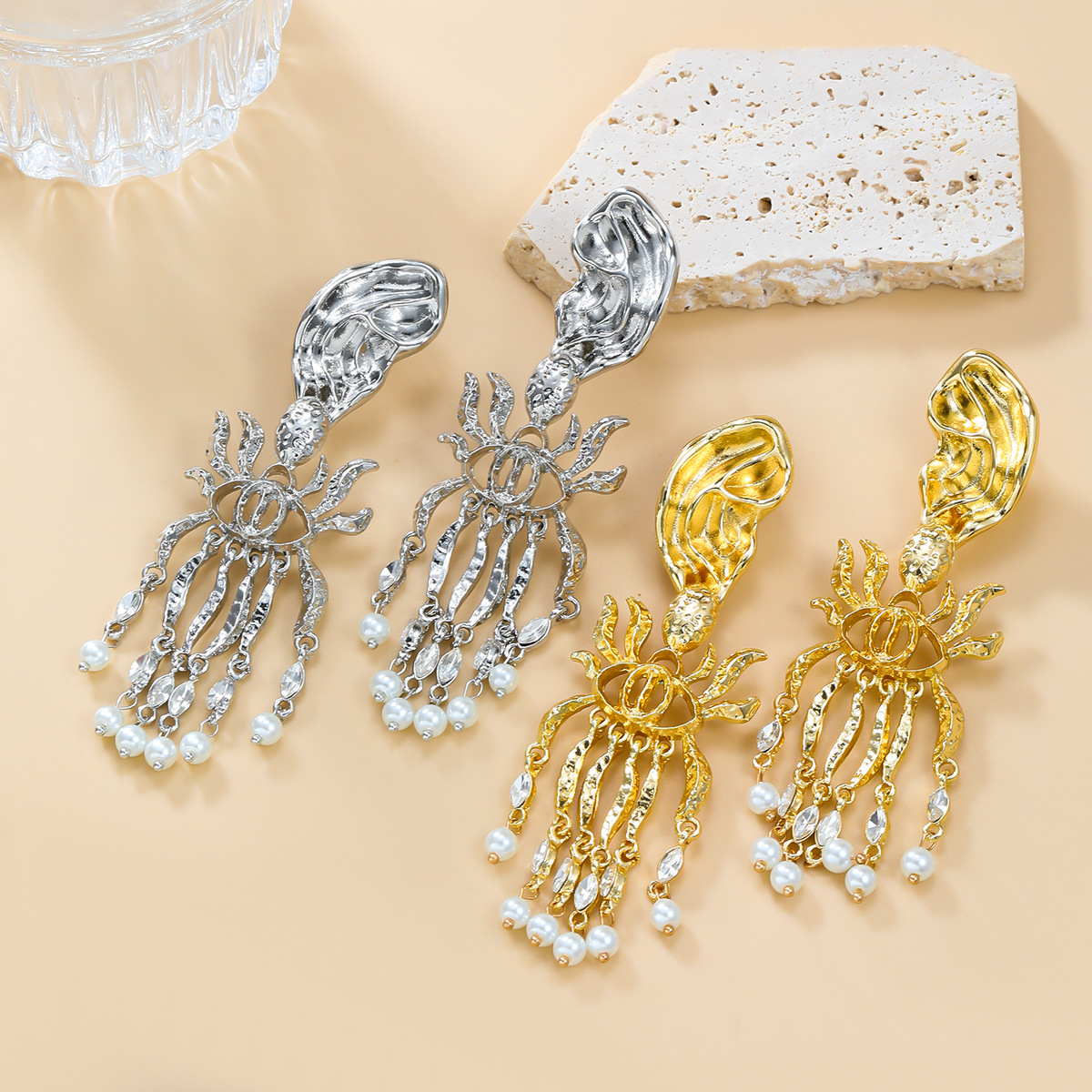 中古耳環歐美復古耳飾女誇張合金仿珍珠流蘇飾品外貿貨源earrings