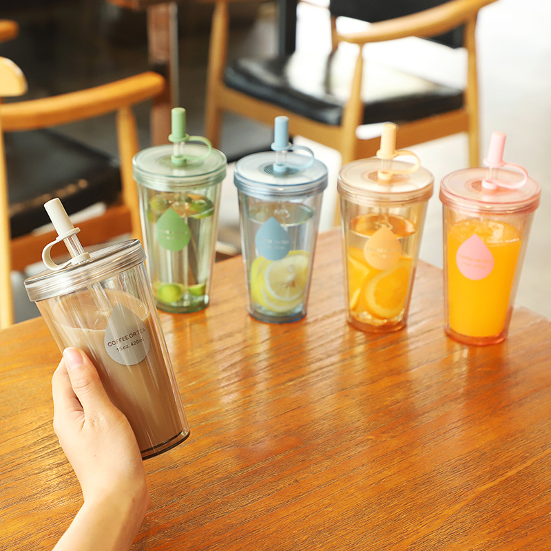 Double-layer straw milk tea cup with lid portable cup milk tea cup fruit tea cup summer student small creative plastic cup