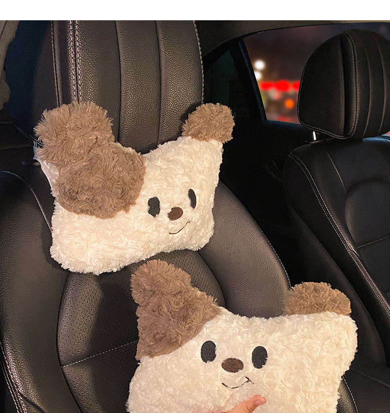 Almohada para el cuello y el reposacabezas del automóvil, un par de almohadas para conductora femenina, linda almohada para el automóvil con forma de cachorro, almohada para el cuello y la cintura del asiento del automóvil_voghion.com