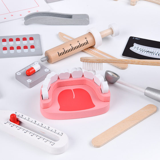 Children's wooden play house hand carrying medical bag cloth bag doctor toy simulation tooth model stethoscope toy