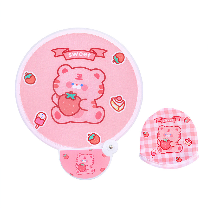 Cartoon Folding Round Fan Cute Ins Girl Portable Small Round Fan Student Outdoor Portable Cloth Mini Fan