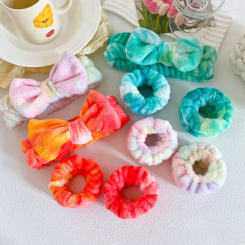 European and American Cross-border Tie-dye Color Face Wash Hair Band Wristband Set Women's Wash-proof Moisture-proof Sports Sweat-wiping Water Absorbent Hair Ring Bracelet