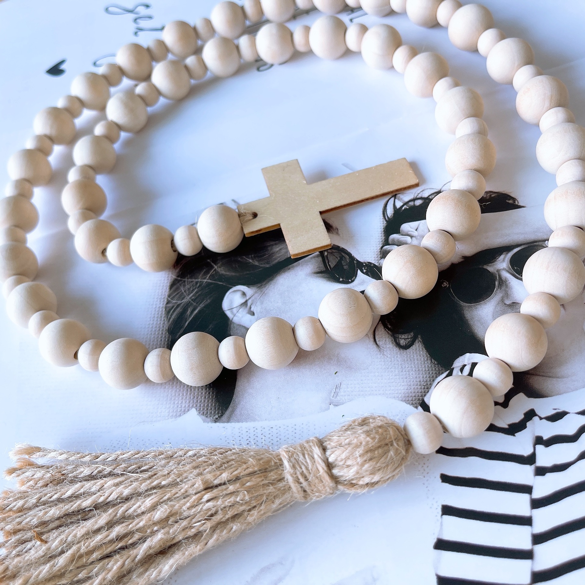 ins Nordic Easter Cross Wooden Bead String Creative Hemp Rope Tassel Home Decorative Hanging Craft Pendant