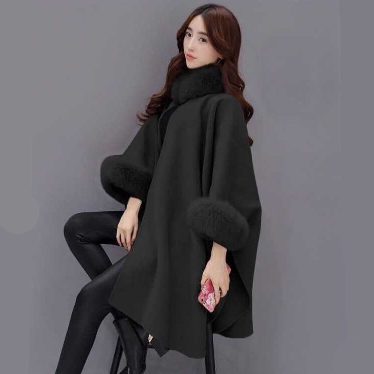 Autumn and Winter large rabbit fur collar mid-length woolen overcoat elegant Cape shawl Hepburn style woolen plus size overcoat for women_voghion.com