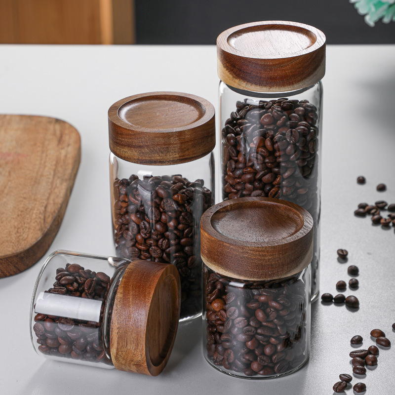 メーカー卸売りガラス密封缶貯蔵缶ガラス収納瓶アカシア木蓋ねじ口密封貯蔵缶|undefined