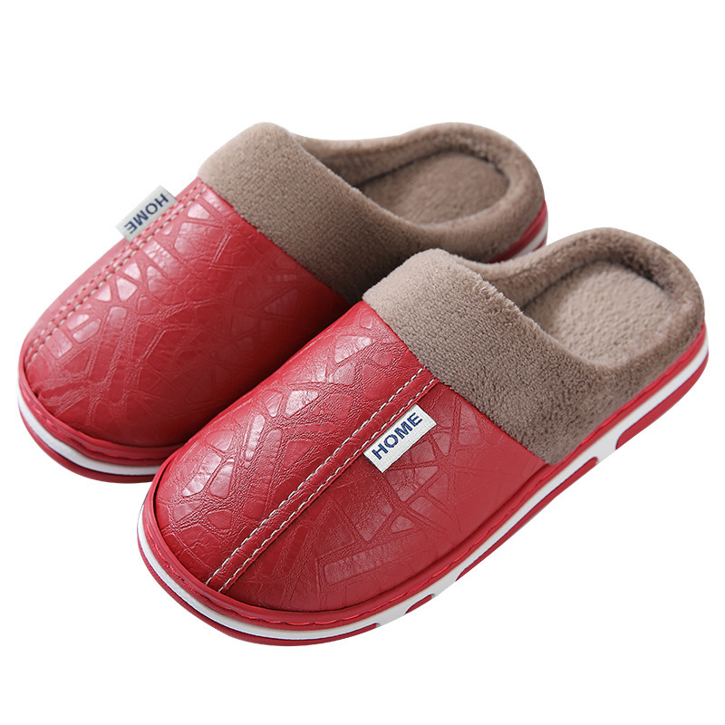 Cotton slippers Women's Home flat heel couple's men's and women's slippers cotton shoes indoor plus size PU warm thick bottom plush autumn and winter