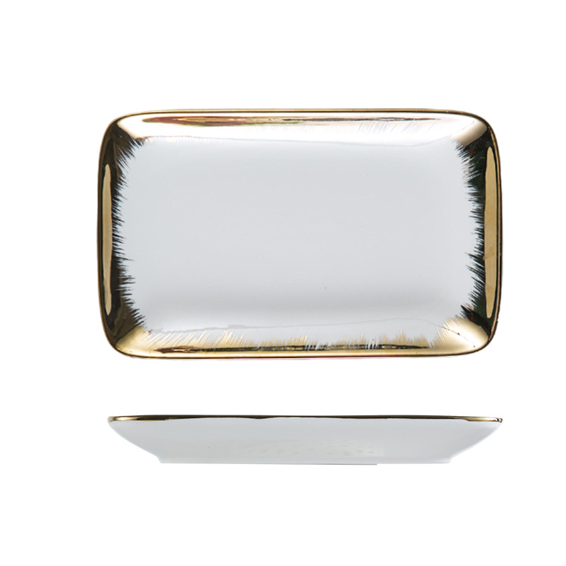 Simple light luxury Western plate steak cake snack plate restaurant banquet household dish golden edge ceramic plate fruit plate