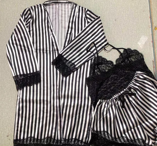 Amazon Europe and America Cross-border Pajamas Three-piece Set Women's Summer Silk-like Nightgown Bathrobe Foreign Trade Home Clothes suit