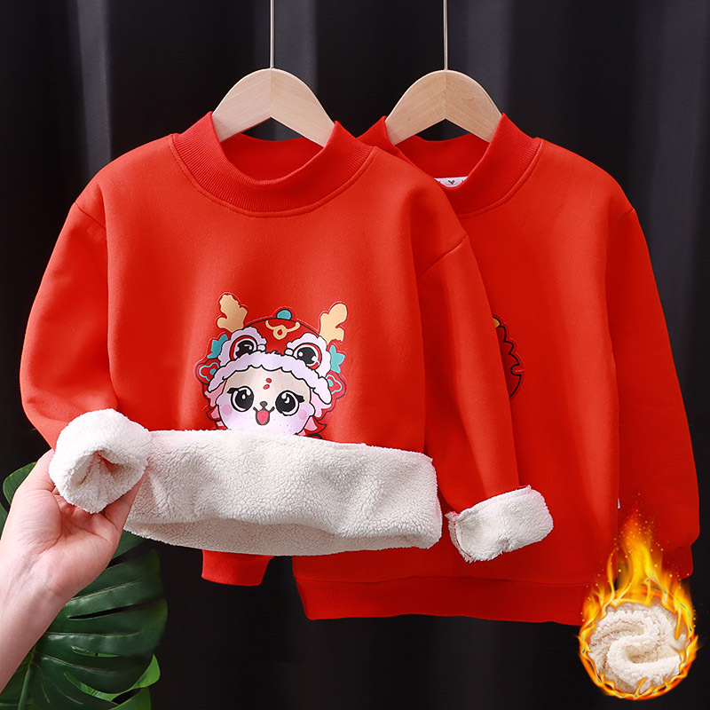 新年中国红宝宝加绒上衣秋冬保暖加厚拜年服男童女童喜庆婴儿衣服