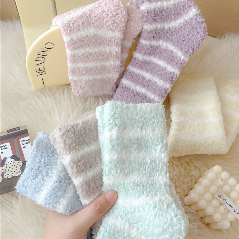 Women's socks autumn and winter fleece-lined thickened warm coral fleece striped mid-calf socks home floor socks sleep socks wholesale