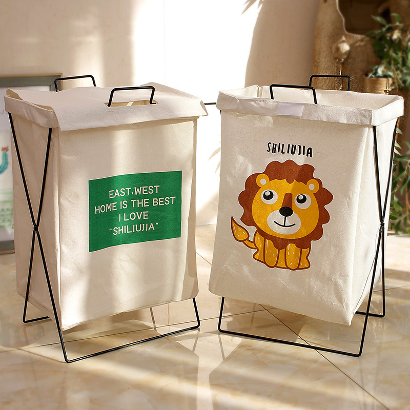 Waterproof cotton linen laundry basket laundry basket clothes storage basket Japanese simple iron bracket fabric folding laundry basket bucket