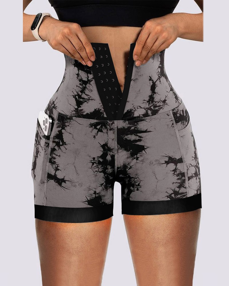European and American Amazon Women's High Waist Abdominal Yoga Three-point Shorts Peach Hip-lifting Tie Bleaching Dye Sports Tights