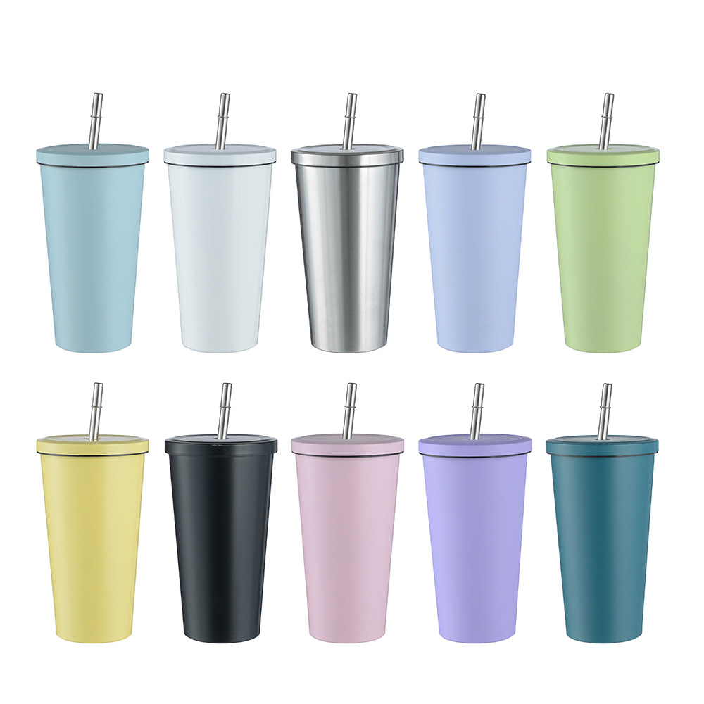 Cross-border 304 Stainless Steel Double-layer Vacuum Thermos Cup Fashionable Simple Straw Coffee Cup Household Portable Handicap Cup