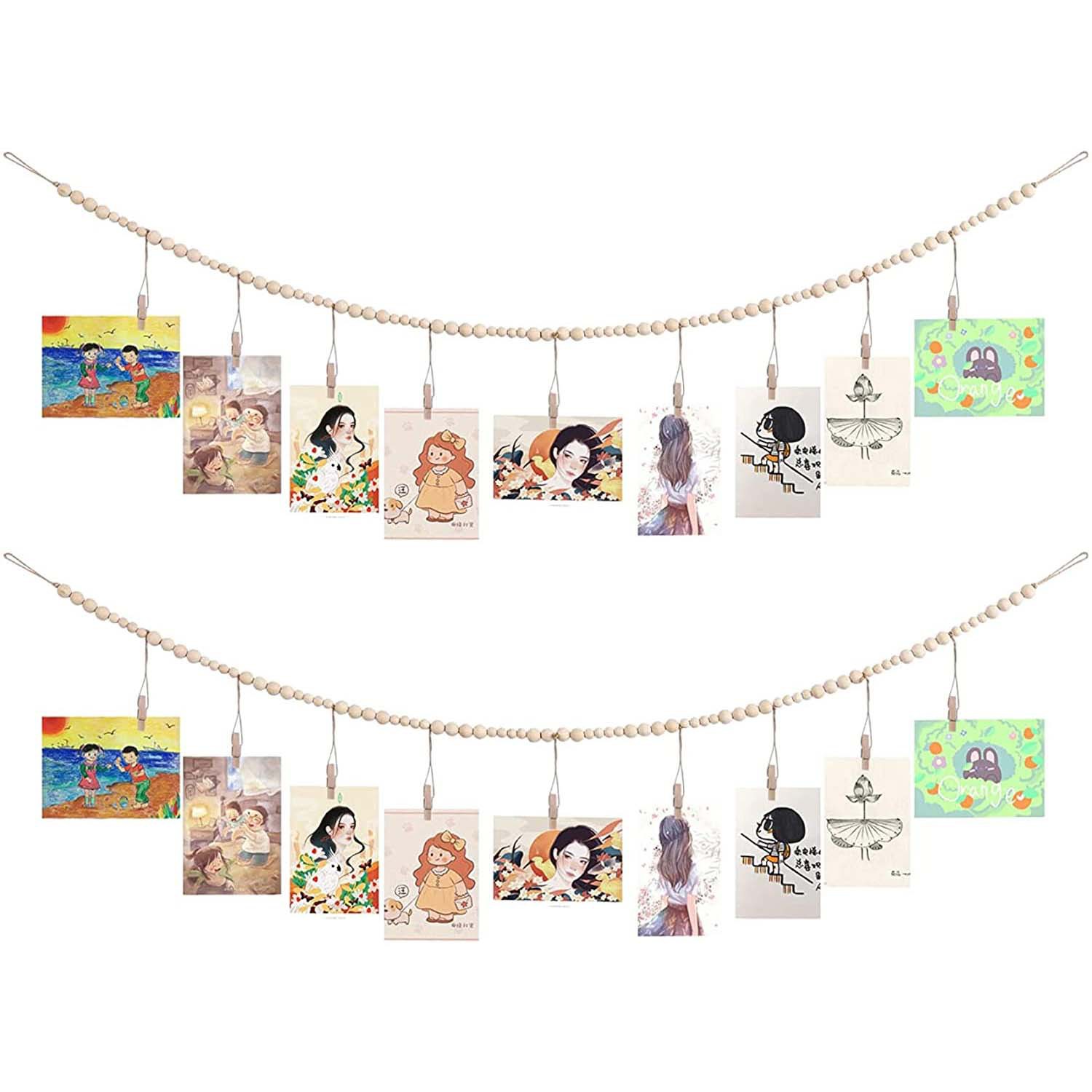 ins Simple Nordic Style Original Color Wooden Beads Photo Hairpin Finishing Storage Children's Room Photo Wall Decoration Hanging Decoration