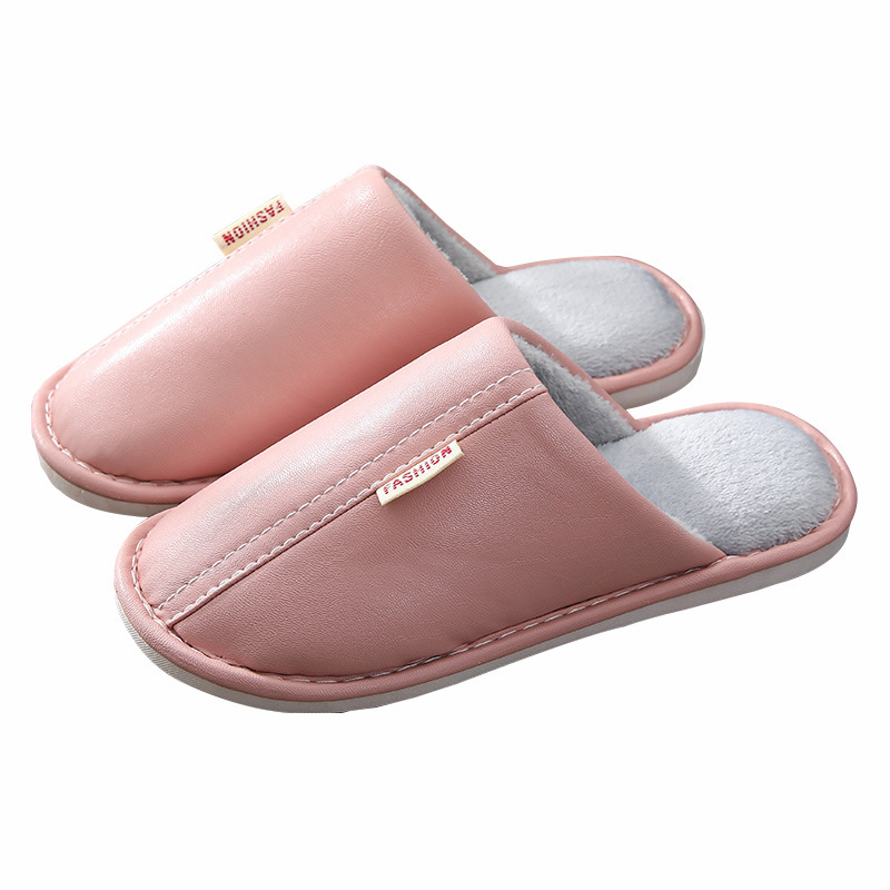 Winter leather cotton slippers women's waterproof non-slip adult home warm indoor winter PU leather slippers men's lovers