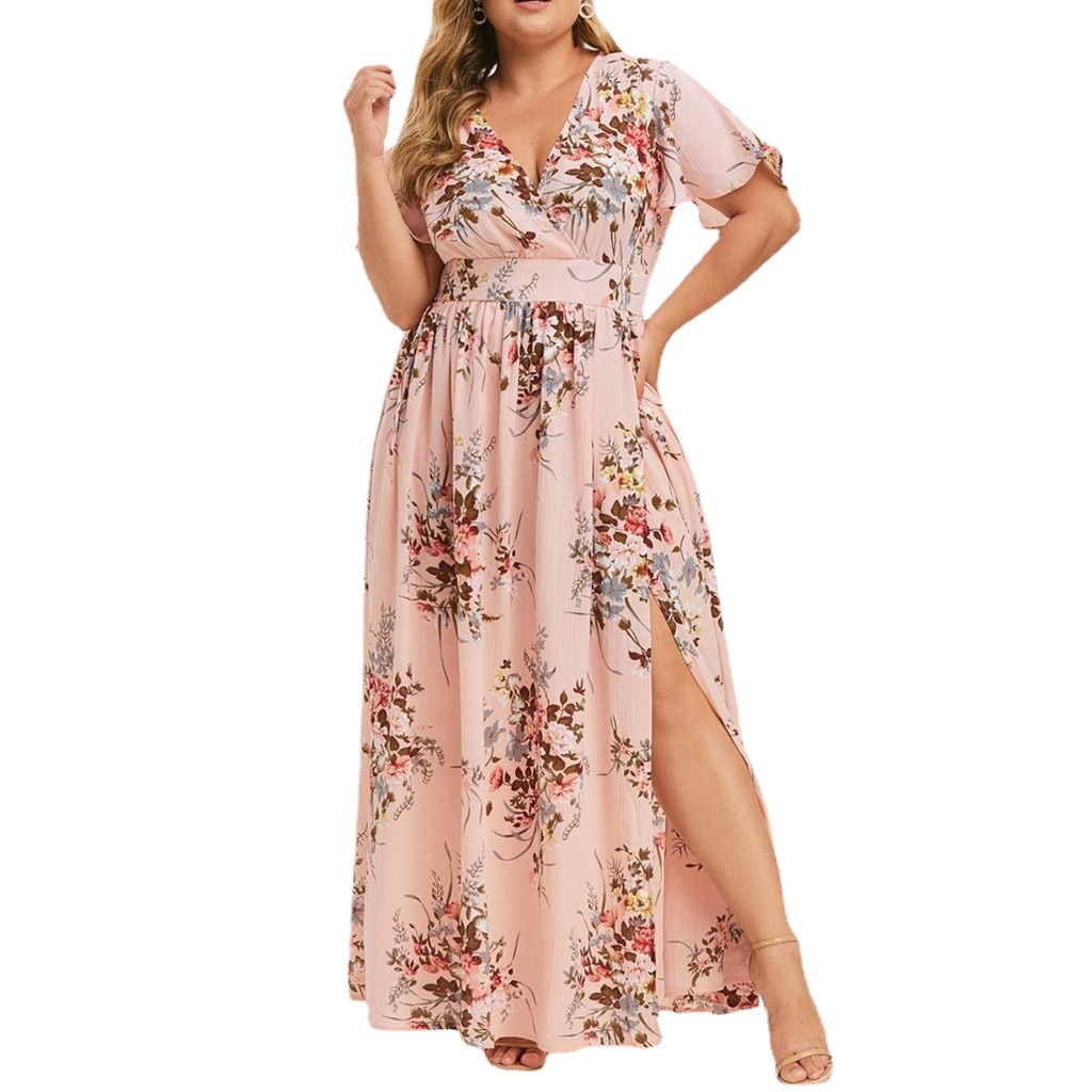 2023 European and American Cross-border Dress Summer New Large Size Women's Clothing Printed Hems Split Printed Dress Factory