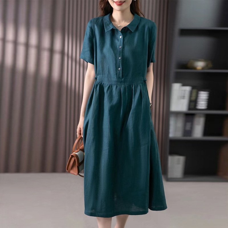 2023 Summer New Artistic Loose Stitching Solid Color Cotton and Linen Lap Short-sleeved Dress Women's Mid-length #6536