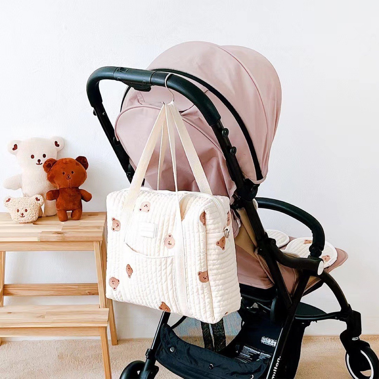 ins Korean Style Cotton Quilted Mummy Bag Tote Bag Zipper Large Capacity Baby Stroller Hanging Bag Diaper Finishing Bag