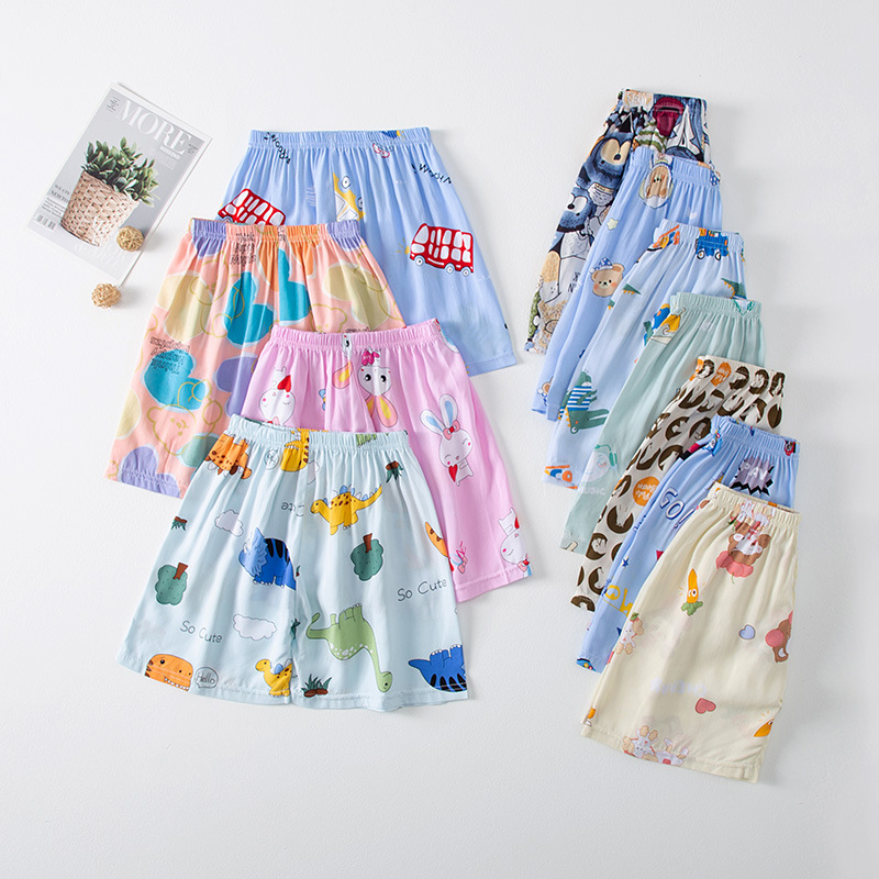 2023 Summer Thin Children's Beach Shorts Loose Casual Five-point Mid-length Pants Baby's Breathable Cotton Silk Home Pajama Pants