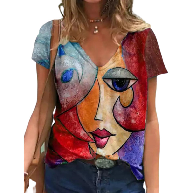 wish European and American fashion new abstract character positioning printed V-neck pullover T-shirt women's tops