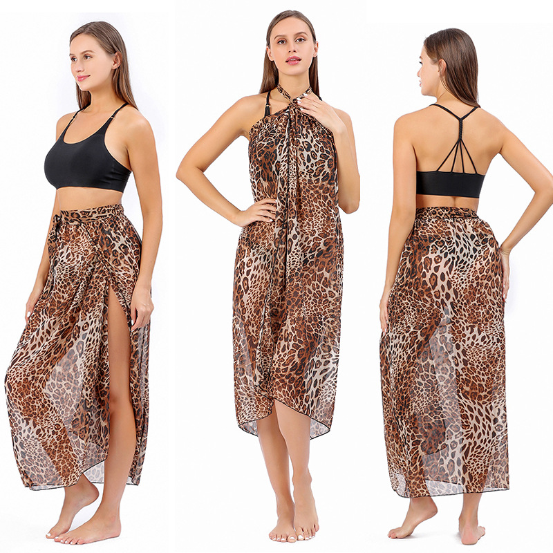 Cross-border Good Goods Large Size Beach Dress European and American Style Leopard Print Beach Style Bikini Blouse Lace-up Wrap Dress Sun-protective Clothing