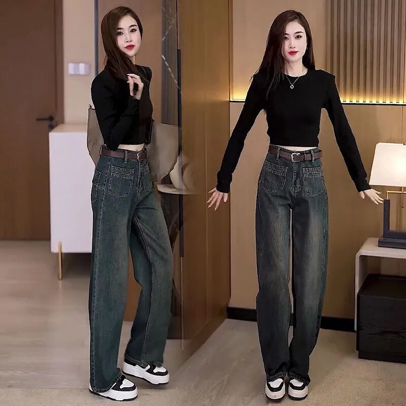 2023 Autumn New retro design high waist slimming Denim wide leg pants women's all-match round neck T-shirt two-piece set